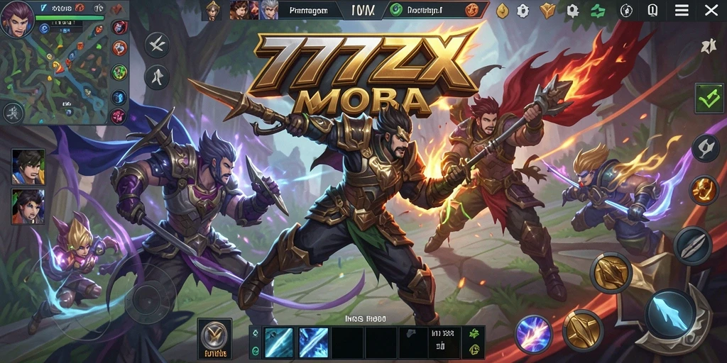 Tangkapan layar gameplay intens dalam arena MOBA 777ZX.