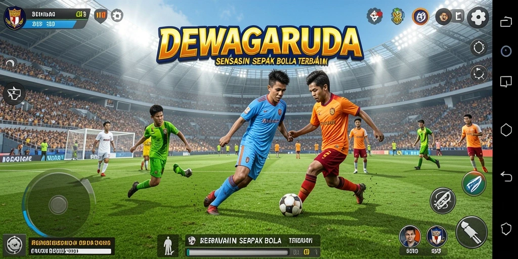 Tampilan gameplay DEWAGARUDA menampilkan aksi sepak bola yang intens.