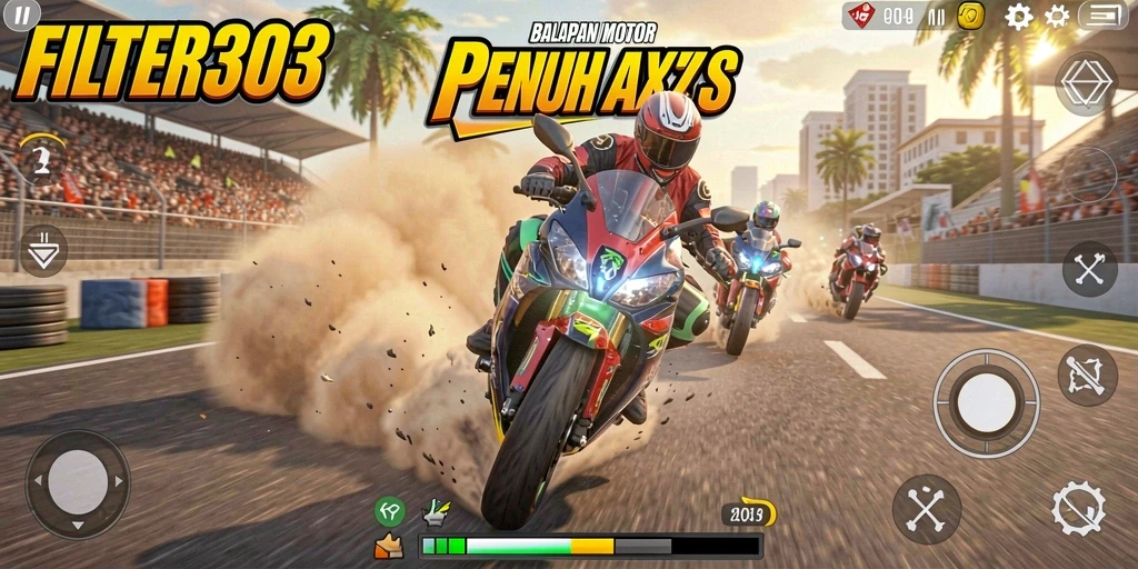 Screenshot menunjukkan aksi balapan motor yang seru dan intens.