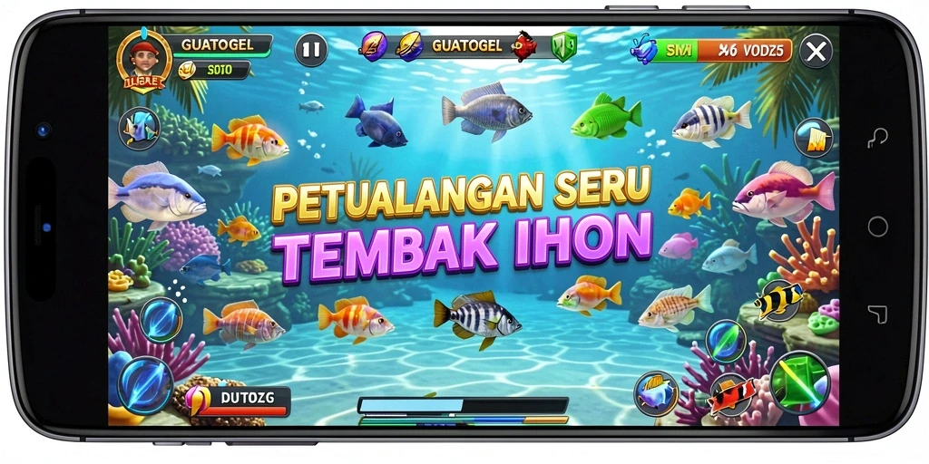 Screenshot gameplay GUATOGEL menampilkan aksinya yang menegangkan saat menembak ikan.