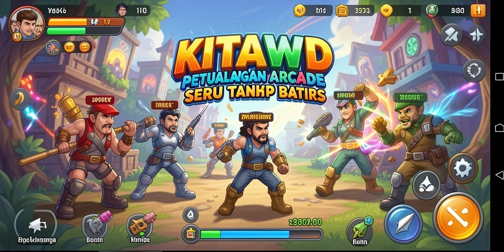 Screenshot utama KITAWD menampilkan gameplay Arcade yang seru dan penuh warna.