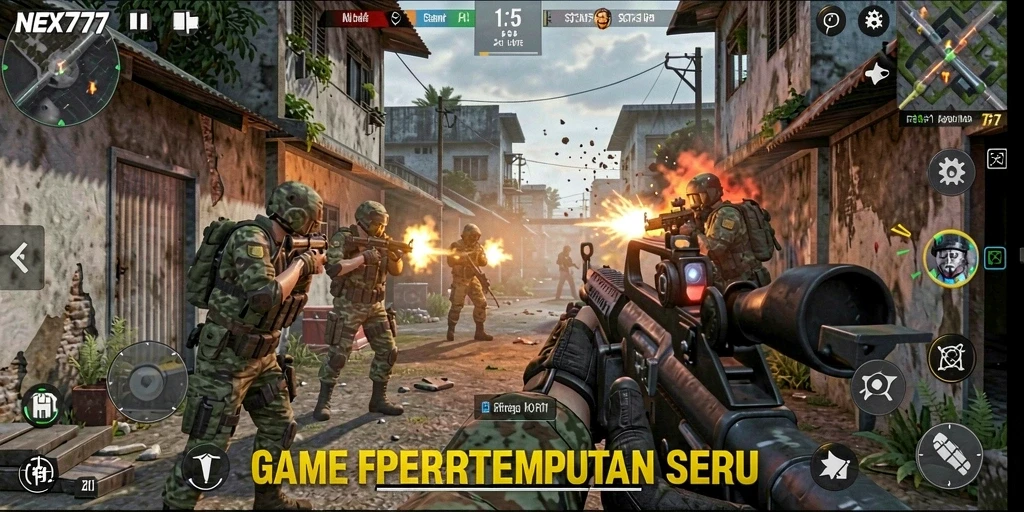 Tangkapan layar gameplay NEX777 yang menunjukkan aksi FPS yang intens.