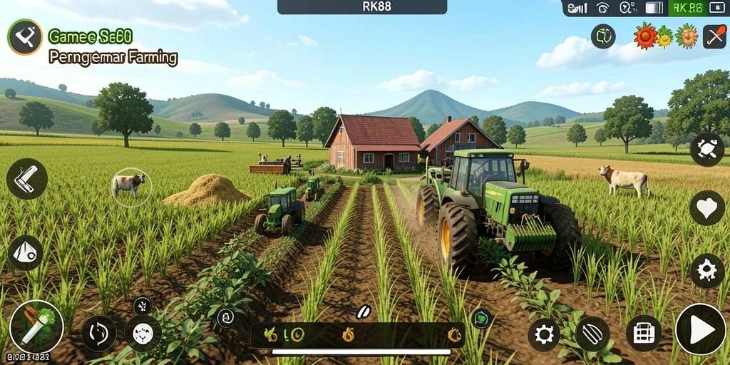 Screenshot RK88 menampilkan pemain yang sedang bercocok tanam di ladang.